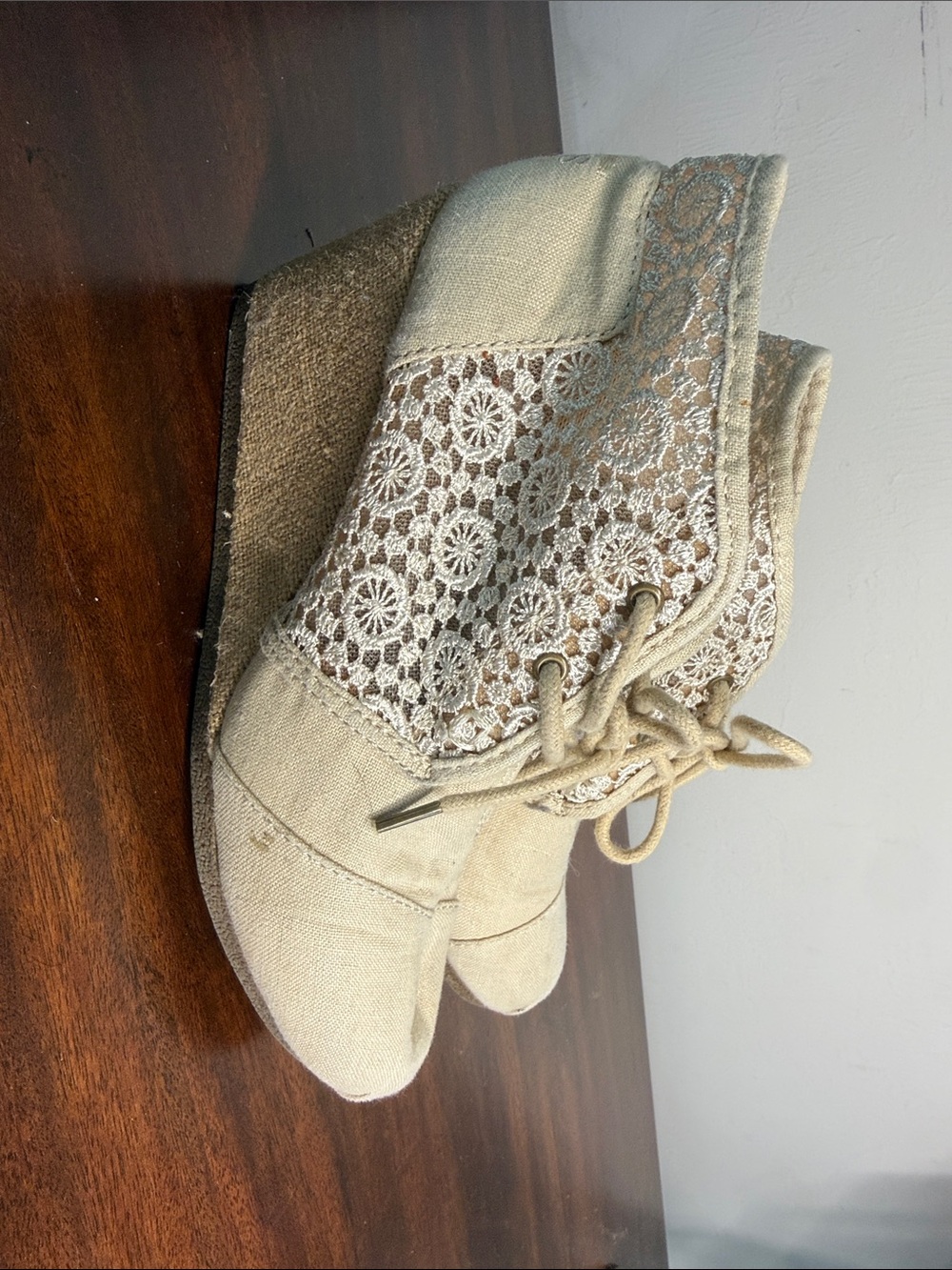 BOBS from Skechers Beige Lace-Up Crochet Wedge Ankle Boots